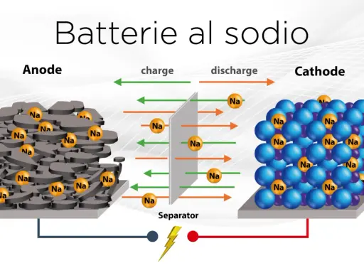 Schema di una batteria al sodio: ioni Na si muovono tra anodo e catodo durante carica/scarica.