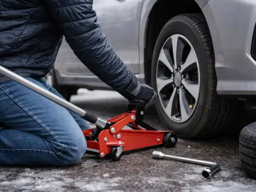Persona che usa un cric rosso per sollevare un'auto, mostrando dove mettere il cric sotto la macchina per cambiare una gomma.
