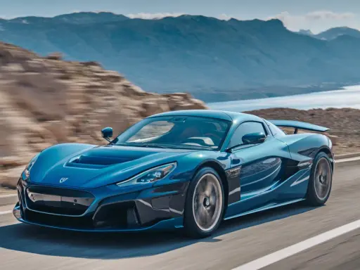 La Rimac Nevera blu sfreccia su una strada panoramica, con montagne e acqua sullo sfondo.