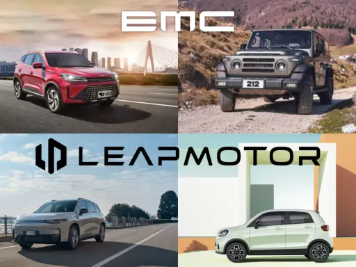 Un SUV rosso e una jeep cinese 212 in un collage di auto, con loghi EMC e Leapmotor.