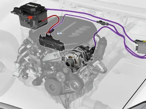 Schema di un sistema mild hybrid BMW: batteria, alternatore e centralina. Valuta i mild hybrid vantaggi e svantaggi per un'auto più efficiente.