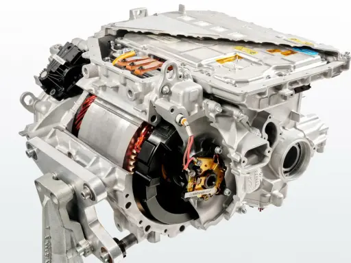 Cutaway view of an electric car motor, showing internal components like the rotor, stator, and power electronics.