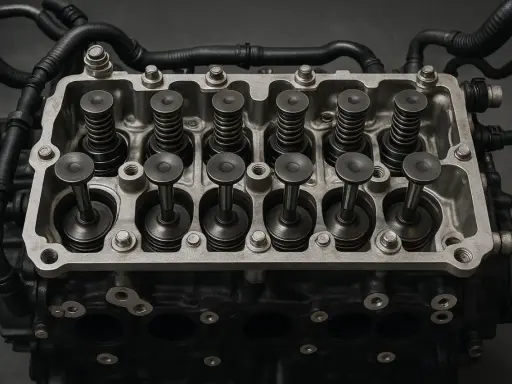 Dettaglio di un motore con punterie e valvole in primo piano. Componenti meccanici essenziali per il funzionamento del motore.