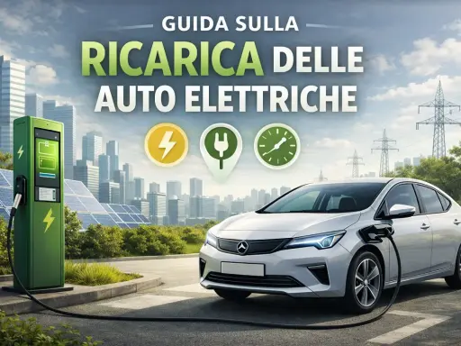 Guida alla ricarica delle auto elettriche: una stazione di ricarica verde, pannelli solari e un'auto bianca in carica, con la città sullo sfondo. Le auto elettriche 2026 sono il futuro.