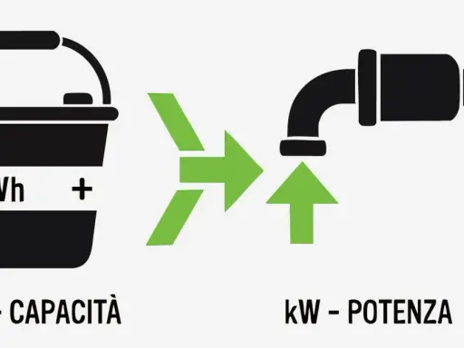 Secchio con kWh (capacità) che si trasforma in un rubinetto con kW (potenza). La differenza tra kw e kwh spiegata visivamente.