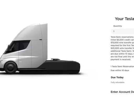 Il camion Tesla Semi, con un deposito iniziale di $5.000, mostra il prezzo e i dettagli di prenotazione.