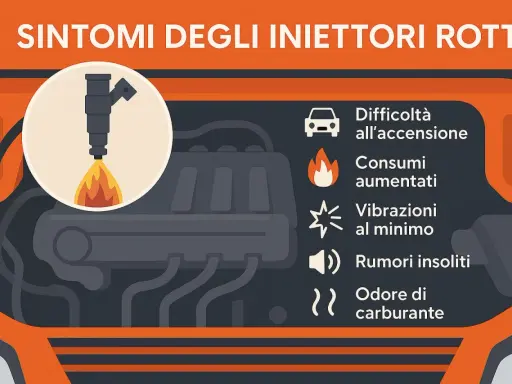Sintomi di iniettori sporchi: difficoltà all'accensione, consumi aumentati, vibrazioni, rumori e odore di carburante.