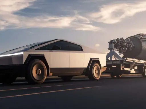 Cybertruck traino un motore di razzo, dimostrando la sua incredibile capacità di traino e il suo peso.