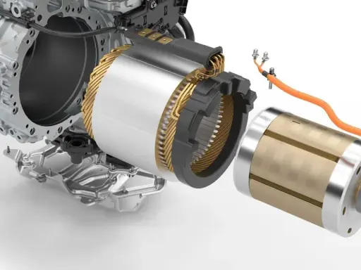 Componenti interni di un motore Tesla, con rotore e statore in evidenza.