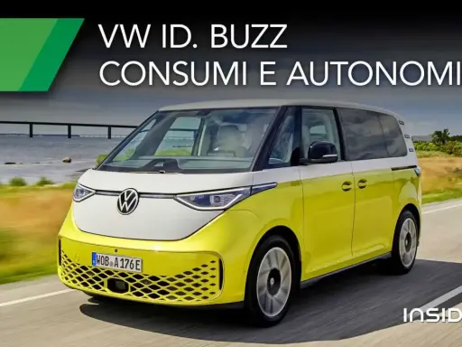 Volkswagen ID. Buzz giallo e bianco in corsa, con testo "Consumi e Autonomia". Un viaggio elettrico senza pensieri.