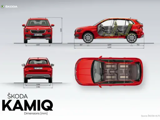Skoda Kamiq dimensioni: vista frontale, laterale e dall'alto con misure in mm. Un SUV compatto e spazioso.