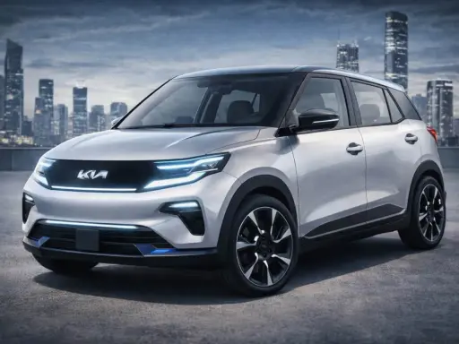 La Kia EV1, un'auto elettrica dal design futuristico, si staglia contro uno skyline urbano al tramonto.