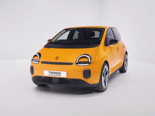 Renault elettrica piccola color arancio brillante, con fari rotondi e scritta "Twingo E-Tech Electric" sul frontale.
