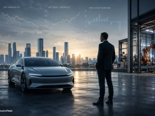 Uomo in giacca guarda un'auto elettrica e grafici finanziari, simbolo del futuro automotive.
