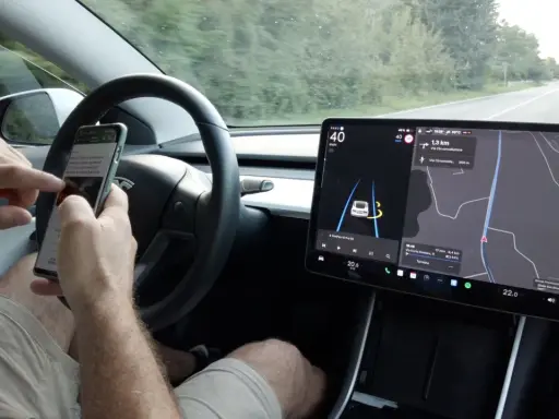 Mani sul volante, ma lo sguardo è sullo smartphone mentre il **Tesla Autopilot** guida. Navigazione e musica sul grande schermo.
