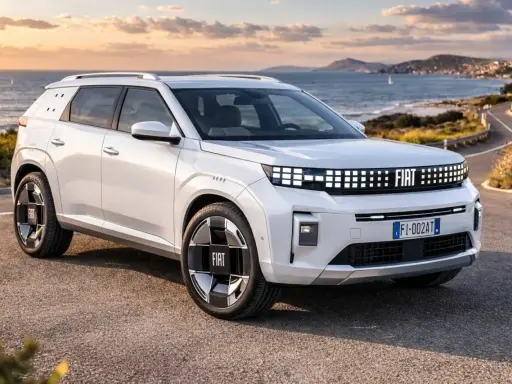 Un'imponente Fiat, quasi un giga panda, sfreccia su una strada costiera al tramonto.