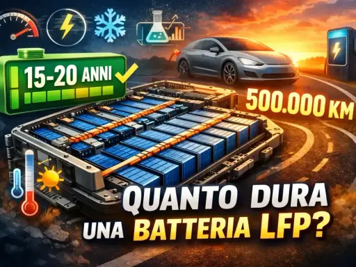 Batteria LFP: 15-20 anni, 500.000 km. Un'auto elettrica in carica con un pacco batterie LFP in primo piano.