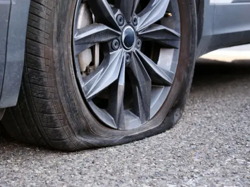 Gomma bucata dell'auto, sgonfia e appoggiata sull'asfalto. Un inconveniente che ferma ogni viaggio.