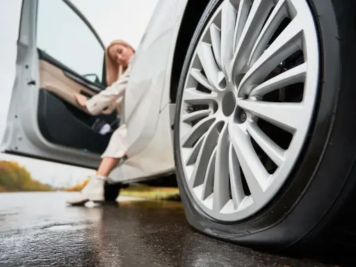Donna esce dall'auto con gomme sgonfie sul bagnato.