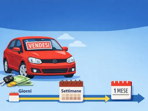 Un'auto rossa con "Vendesi" sul parabrezza, chiavi, soldi e un percorso temporale che va da "Giorni" a "Settimane" fino a "1 Mese". Autobiz semplifica la vendita.