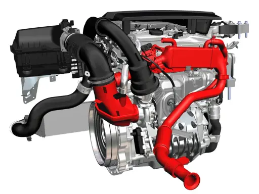 Motore Mercedes Classe A con turbocompressore e sistema di raffreddamento rossi.