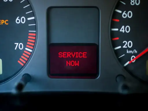 Car dashboard with EPC light on and "SERVICE NOW" message displayed in red.