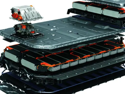 Dettaglio esploso di un pacco batterie per veicoli elettrici, mostrando la disposizione dei moduli e dei componenti interni. Queste batterie allo stato solido promettono maggiore sicurezza ed efficienza.
