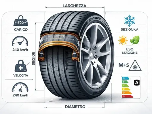 Gomma estiva con indicazioni su carico, velocità, sezione, diametro, stagionalità (M+S) e classe energetica.