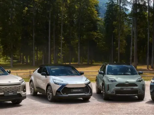 Quattro modelli Toyota, RAV4, C-HR, Yaris Cross e Corolla Cross, in un paesaggio boscoso.