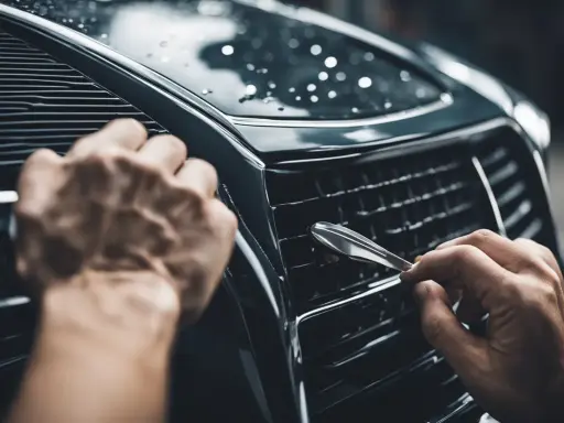 Mani che lavorano per togliere graffi auto profondi fai da te, lucidando la griglia con cura.