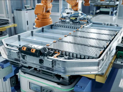 Assemblaggio di batterie del futuro in una fabbrica automatizzata. Un robot industriale lavora su un pacco batterie per veicoli elettrici.