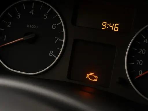 Cruscotto auto con spia motore rossa accesa ma la macchina va bene. L'ora segna 9:46.