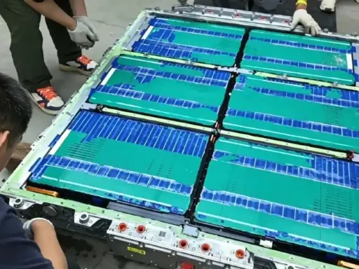 Un tecnico lavora su un pacco batteria, con celle verdi e blu che ricordano una blade battery.