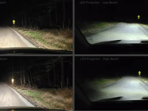 Confronto fari auto: incandescenza vs LED su strada buia. I fendinebbia LED illuminano meglio.