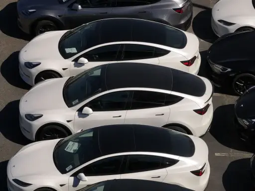 Parcheggio di auto elettriche in Italia, con modelli bianchi e grigi in fila, pronti per la consegna.