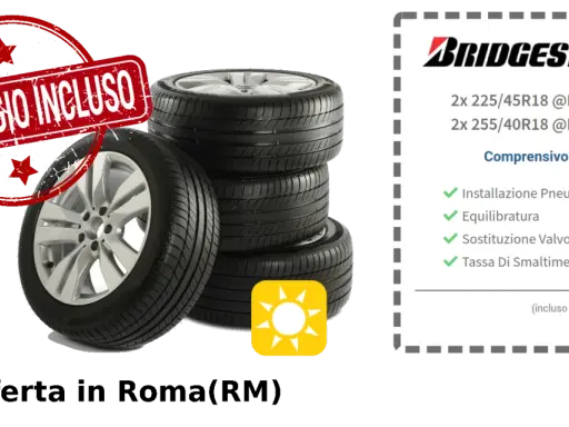Offerta Bridgestone: 4 gomme Runflat, montaggio, equilibratura e smaltimento inclusi. Il costo cambio gomme è 715,00€.