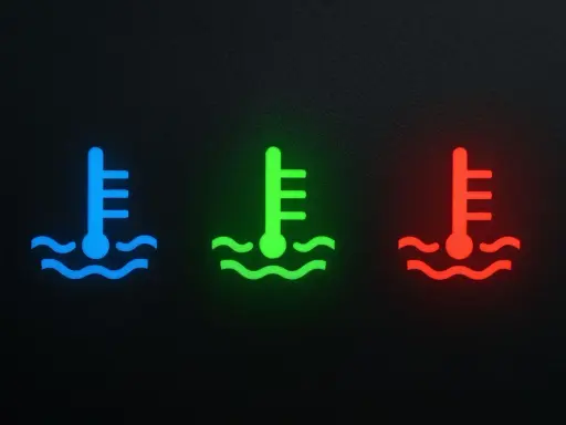 Tre spie luminose su sfondo scuro: blu, verde e rossa, indicano la spia temperatura olio.