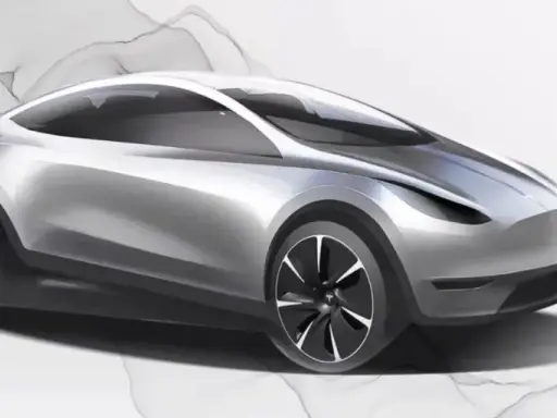 Schizzo di un'auto elettrica compatta, forse la futura Tesla Model 2, con linee aerodinamiche e ruote dal design moderno.