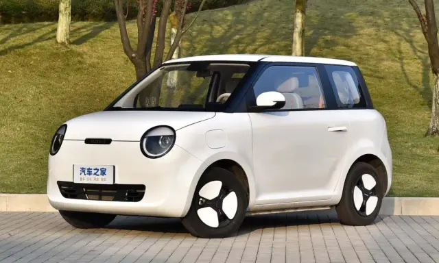 Auto elettrica piccola 4 posti, bianca, con tetto nero, parcheggiata su un vialetto pavimentato con alberi sullo sfondo.