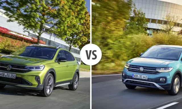 Due Volkswagen Nivus, una verde e una blu, si sfidano su strada.