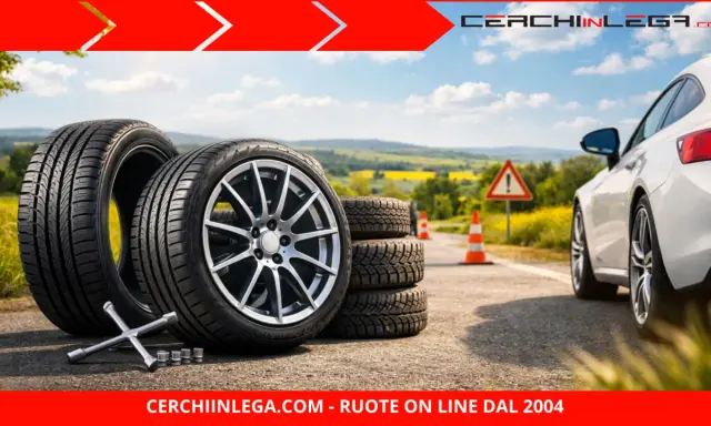Ruote nuove pronte per quando si cambiano le gomme invernali. Un'auto bianca è parcheggiata sul ciglio della strada, con coni arancioni e un segnale di avvertimento.