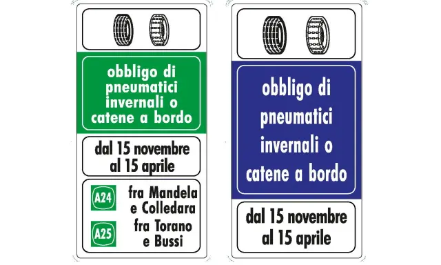 Segnali stradali indicano l'obbligo gomme invernali o catene a bordo dal 15 novembre al 15 aprile.