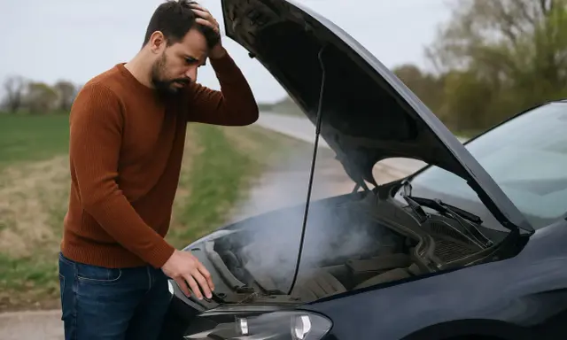 Uomo disperato con cofano aperto, fumo denso e puzza di bruciato macchina. Problema meccanico sul ciglio della strada.