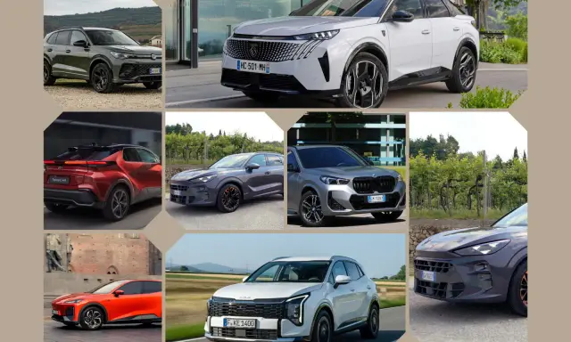 Vari SUV sportivi in diverse ambientazioni: un'auto grigia su sterrato, una bianca davanti a un edificio moderno, una rossa vista da dietro, una grigio scuro con dettagli arancioni, una grigio argento, un'arancione vicino a un muro di mattoni e una bia...