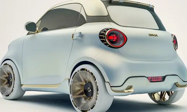 Concept car smart #2, con design futuristico e dettagli dorati. Le luci posteriori a LED rosse e i cerchi aerodinamici catturano l'attenzione.