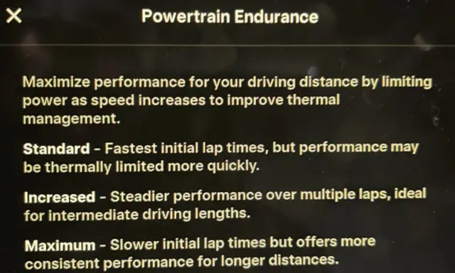 Impostazioni Tesla per la gestione termica del powertrain, ideali per la guida su **tesla track**.