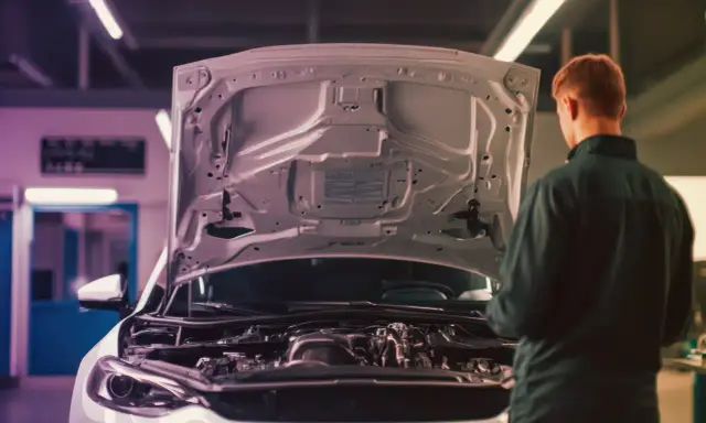 Meccanico osserva il motore aspirato, capendo il suo significato e funzionamento.