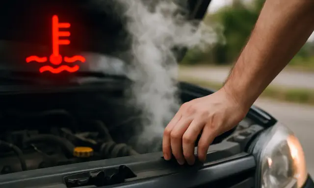 Spia candelette accesa, fumo dal motore e mano sul cofano. L'auto si surriscalda.