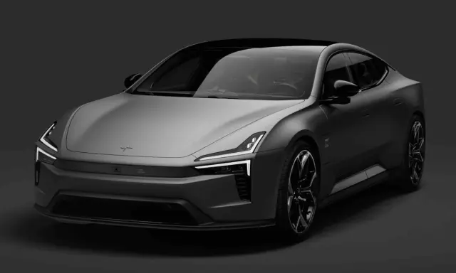 Polestar auto grigia, con fari a LED distintivi e cerchi in lega sportivi, su sfondo scuro.