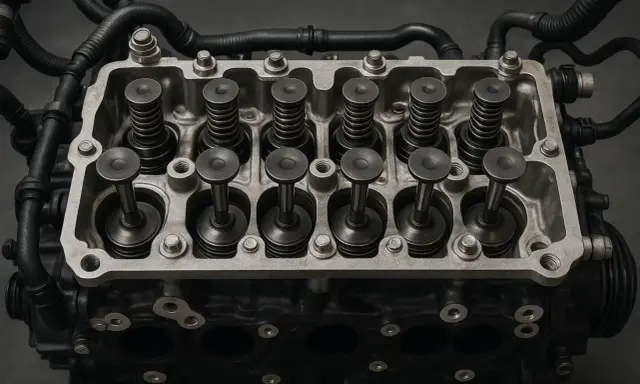Dettaglio di un motore con punterie e valvole in primo piano. Componenti meccanici essenziali per il funzionamento del motore.